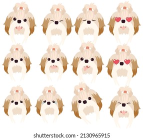 Set of Shih tzu dog emotions. Funny Smiling and angry, sad and delight dog. Face of dog cartoon emoji. Illustration about kawaii animal and pet in flat vector style.