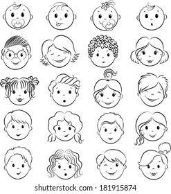 Set of shildren`s faces. Vector contour.