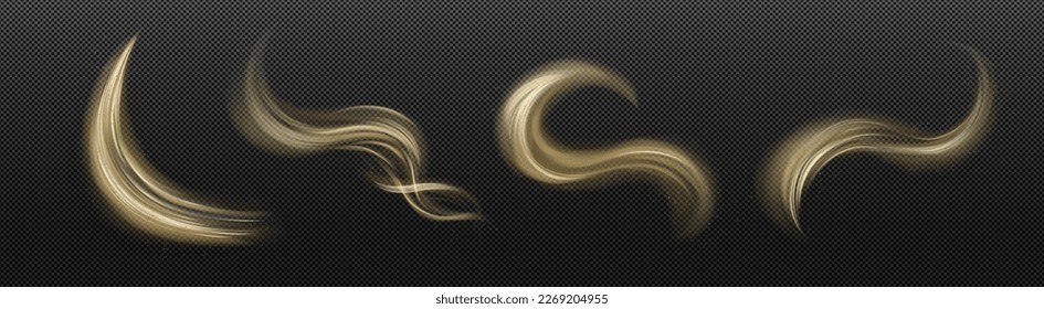 Set of shimmering dust swirls isolated on transparent background. Vector realistic illustration of sand and wind vortex in desert. Magic power effect. Golden air trail with sparkling powder particles