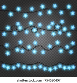 Set of shine blue garlands in star form, festive xmas decorations. Glowing holiday christmas lights isolated on transparent background. Realistic 3d vector objects.