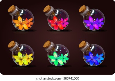 Set of shine bottles with a colorful beautiful flowers. Game icon of magic elixir. Vector design for app user interface