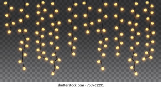 Set of shine color garlands, festive xmas decorations. Glowing holiday christmas lights isolated on transparent background. Realistic 3d vector objects.