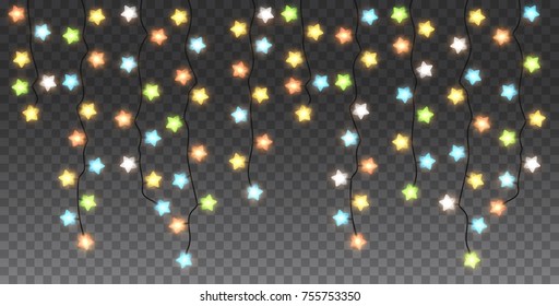 Set of shine color garlands in star form, festive xmas decorations. Glowing holiday christmas lights isolated on transparent background. Realistic 3d vector objects.