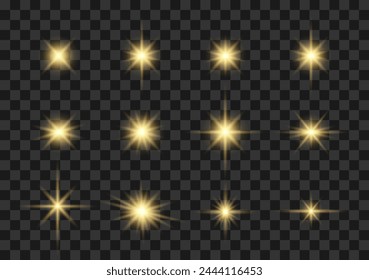 Set of Shine glowing stars. Vector sparks and bright sparkles on transparent background. Stars flare and starlight, flash shine, magic glitter and twinkling stars. Vector Golden Sparks isolated