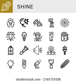 Juego de iconos de brillo. Como Diamante, Bombilla, Burst, Disco, Fuegos artificiales, Bombilla, Pantalla solar, Linterna, Luz, Antorcha, Iconos brillantes