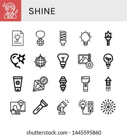 Set of shine icons such as Disco, Light bulb, Gem, Lightbulb, Torch, Burst, Mirror ball, Brightness, Sunscreen, Diamond, Flashlight, Fireworks, Light , shine