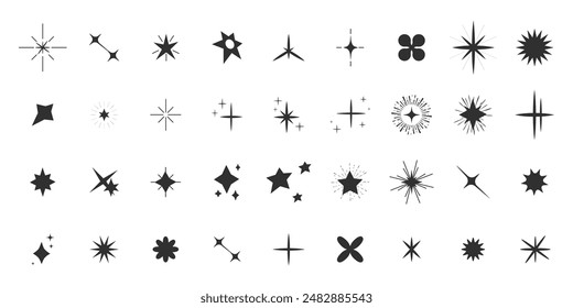 Set shine sparkle icon glare,light,blink star minimal shape, burst and rays decoration. Twinkle magic comic shine isolated on white background.