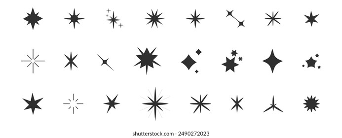 Set shine sparkle icon glare,light,blink star minimal shape, burst and rays decoration. Twinkle magic comic shine isolated on white background.