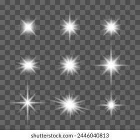 Set of Shine stars. Vector lights and sparks isolated on transparent background. Optical lights, glare, shine, sparks, falling confetti.