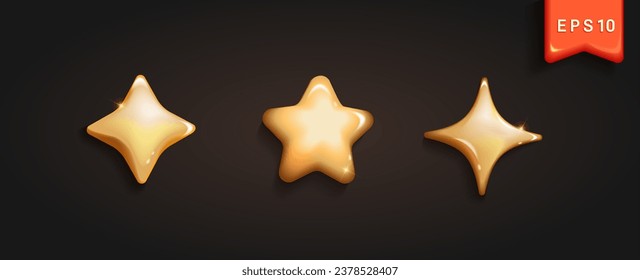 Set of shining 3D stars,sparkles golden icons on dark background.Glossy icons.Cute fairy tale element.Isolated vector illustration.Achievements for games,magic actions.Rating feedback for mobile app