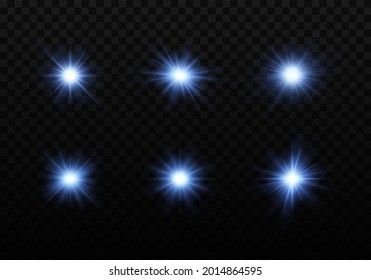 Conjunto de brillantes estrellas azules. Estrella brillante con efecto claro, Estrella navideña. La luz plateada brillante explota sobre un fondo transparente.
