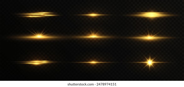 Set of shining bright golden horizontal light effects PNG isolated on dark background, glare, lines, golden light particles. Set of vector lines for web design