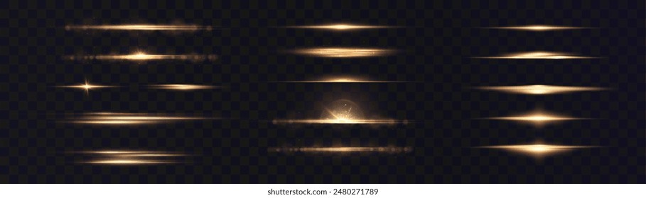 Set of shining bright golden horizontal light effects PNG isolated on dark background, glare, lines, golden light particles. Set of vector lines for web design