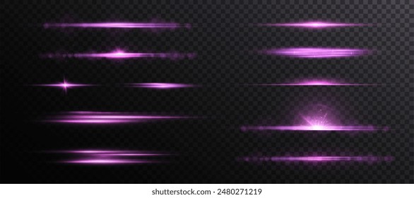 Set of shining bright purple horizontal light effects PNG isolated on dark background, glare, lines, purple light particles. Set of bright vector lines for web design