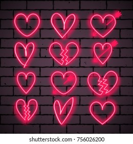Set of shining bright red neon heart signs. Vector illustration for your graphic design.