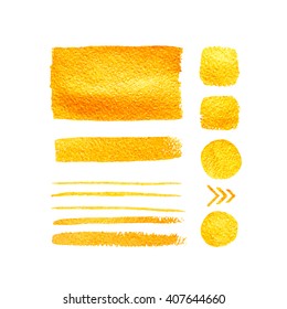 Set of shining brush strokes for you amazing design project. Isolated on white. Vector abstract hand painted golden background.