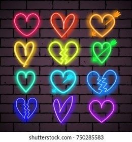 Set of shining colorful neon heart signs. Vector illustration for your graphic design.