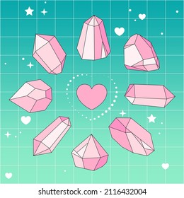 Conjunto de cristales brillantes o gemas. Cuartz de rosa. Colección mágica Boho con piedras preciosas, cuarzo, minerales, diamantes. Ilustración mística y mágica, astrología