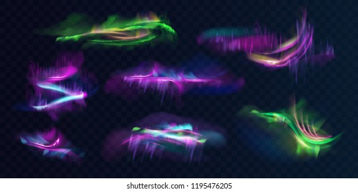 Set of shining, glowing polar or northern lights in atmosphere realistic vector on transparent background. Aurora Borealis natural phenomenon. Collection of colorful neon smeared, blurry abstractions