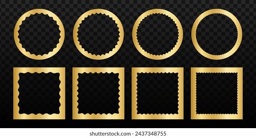 Set of shining golden square and round mirror, photo or picture frames with wiggly inner borders. Decoration design elements, stickers or tags isolated on dark background. Vector illustration.