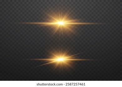 Set of shining golden stars and flares. Light effect of flare and shine, lens explosion.