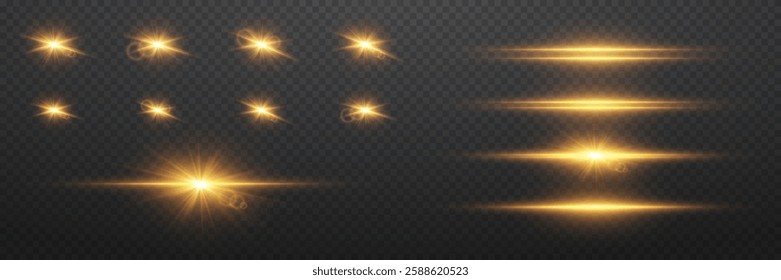 Set of shining golden stars and flares. Light effect of flare and shine, lens explosion.