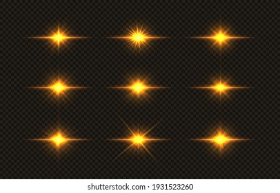 Set of shining golden stars. Light Effect Bright Star, Christmas Star. Golden glowing light explodes on a transparent background.
