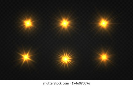 Set of shining golden stars. Light Effect Bright Star, Christmas Star.