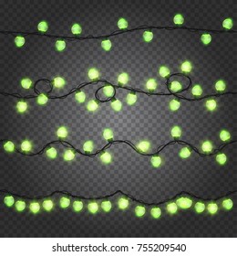 Set of shining green garlands, festive xmas decorations. Glowing holiday christmas lights isolated on transparent background. Horizontal seamless realistic 3d vector objects.