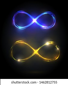 Set of the shining infinity symbols. Blue and yellow bright signs. Dynamic scintillating lines. Design elements. Vector volume sparkling illustration on dark background.