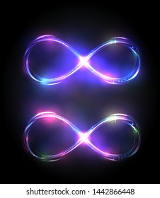 Set of the shining infinity symbols. Violet and purplr bright signs. Dynamic scintillating lines. Design elements. Vector volume sparkling illustration on dark background.