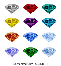 Set of shining jewels isolated on white background. Jewel and jewelry. Colorful gems and gemstones. Diamond, emerald, ruby, topaz, sapphire, garnet, grandidier, tourmaline vector and logo