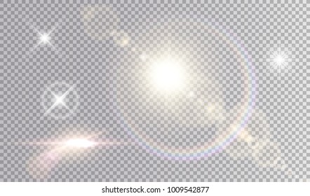 Set of shining light effects. Several white small stars, sun with lens flare and rainbow halo, cinematic spaceship glare.