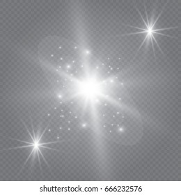 Set of shining lights isolated on a transparent background. The flash flashes with rays and a searchlight. Light effect of glow. The star flashed with sparkles.