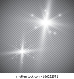 Set of shining lights isolated on a transparent background. The flash flashes with rays and a searchlight. Light effect of glow. The star flashed with sparkles.