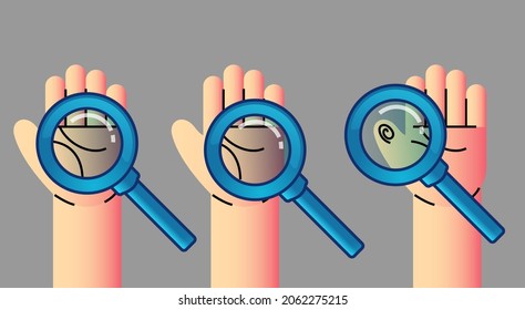 Set of shining a magnifying glass for watching horoscope to the hand. Fortune teller reading and forecasting concept. Vector illustration.