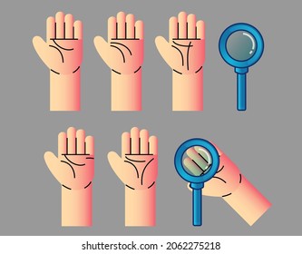 Set of shining a magnifying glass for watching horoscope to the hand. Fortune teller reading and forecasting concept. Vector illustration.