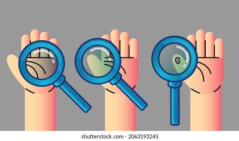 Set of shining a magnifying glass for watching horoscope to the hand. Fortune teller reading and forecasting concept. Vector illustration.