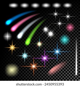 Set. Brillantes estrellas multicolores, partículas y chispas con efecto de resplandor, brillan luces brillantes. Transparente sobre un fondo oscuro. Vector, EPS10