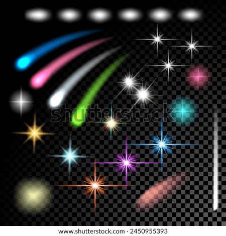 Set. Shining multi-colored stars, particles and sparks with glare effect, bright lights sparkle. Transparent on a dark background. Vector, EPS10