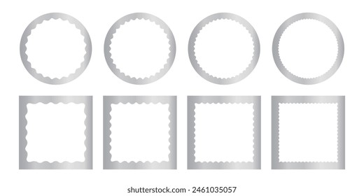 Set of shining silver square and round mirror, photo or picture frames with wavy inner borders. Decoration design elements. Metallic stickers isolated on white background. Vector illustration.