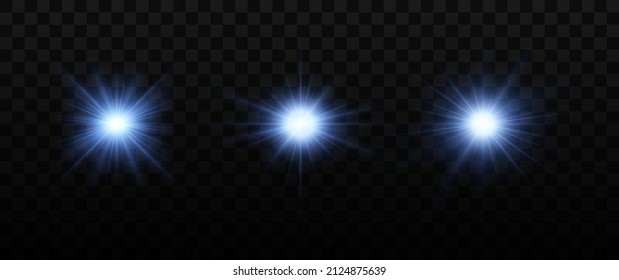 Set of shining silver stars. Light Effect Bright Star, Christmas Star. Golden glowing light explodes on a transparent background.