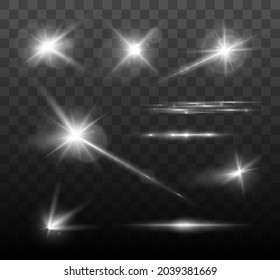 Set of shining sparkles and lens flares. Glowing lights isolated on transparent background. Vector illustration