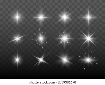 Set of shining sparkles and lens flares. Glowing lights isolated on transparent background. Vector illustration