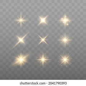 Set of shining sparkles and lens flares. Glowing lights isolated on transparent background. Vector illustration