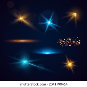 Set of shining sparkles and lens flares. Glowing lights isolated on transparent background. Vector illustration