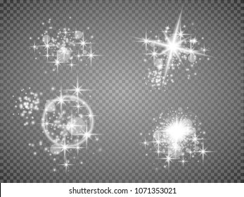 Set. Shining star, the sun particles and sparks with a highlight effect, color bokeh lights glitter and sequins. On a dark background transparent. Vector, EPS10