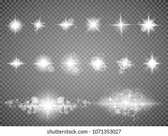 Set. Shining star, the sun particles and sparks with a highlight effect, color bokeh lights glitter and sequins. On a dark background transparent. Vector, EPS10