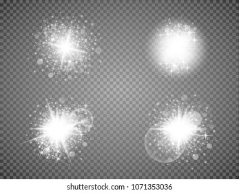 Set. Shining star, the sun particles and sparks with a highlight effect, color bokeh lights glitter and sequins. On a dark background transparent. Vector, EPS10