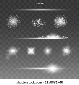 Set. Shining star, the sun particles and sparks with a highlight effect, color bokeh lights glitter and sequins. On a dark background transparent. Vector, EPS10